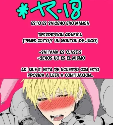 Genos rubio con rostro sonrojado y lengua fuera en un doujinshi erótico de One Punch Man.