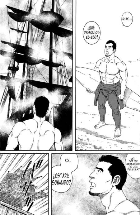 Hombre musculoso semidesnudo con tabla de surf frente a un barco antiguo en manga erótico de Tagame Gengoroh.