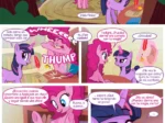 Cómic NSFW de Pinkie Pie y Twilight Sparkle donde Pinkie revela su pene y pide una cometa mágica para masturbarse.