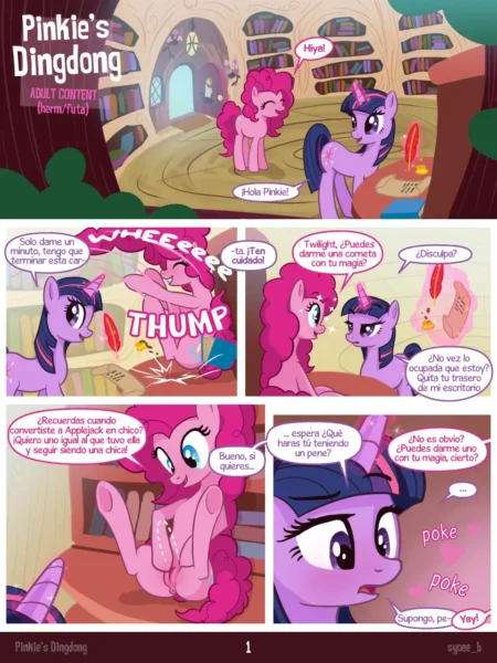 Cómic NSFW de Pinkie Pie y Twilight Sparkle donde Pinkie revela su pene y pide una cometa mágica para masturbarse.