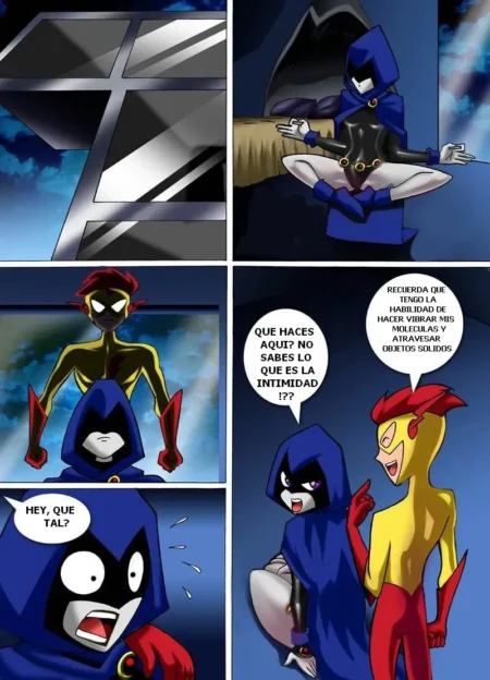 Raven y Kid Flash interactúan en un cómic erótico donde él atraviesa paredes para sorprenderla mientras ella medita.