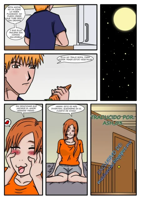 Ichigo reflexiona sobre el sexo con Orihime mientras ella sonríe sentada en la cama tras una noche de pasión erótica.