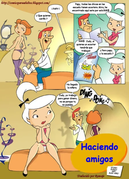 Cómic erótico de Alex Hiro con una mujer desnuda de espaldas y una joven sentada sin ropa interior.