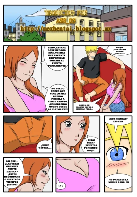 Cómic erótico de una mujer pelirroja con pechos grandes seduciendo a un hombre rubio mientras se tocan íntimamente.