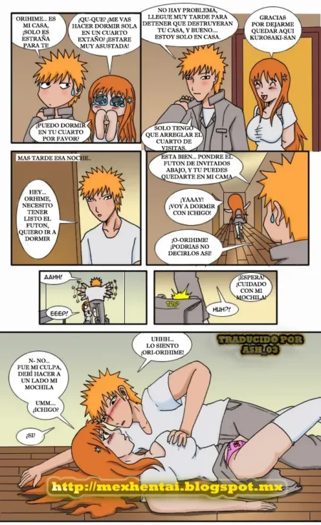 Ichigo cae sobre Orihime dejándola expuesta con la ropa interior visible mientras se besan apasionadamente en el suelo.