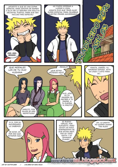 Cómic de Naruto emocionado por el aniversario con Hinata mientras Kushina, Mikoto y Konan esperan en la sala.