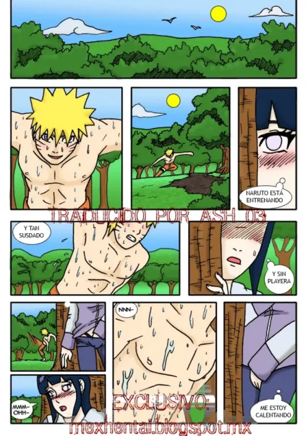 Hinata observa excitada el torso sudado y desnudo de Naruto mientras entrena en el bosque, excitándose sexualmente.
