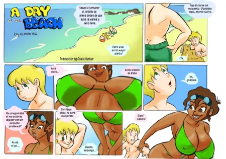 Cómic erótico de una mujer morena con pechos gigantes en bikini verde seduciendo a un joven rubio en la playa.
