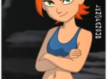 Gwen Tennyson con bikini azul ajustado y brazos cruzados resaltando sus curvas en El Verano de Ben.