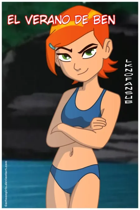 Gwen Tennyson con bikini azul ajustado y brazos cruzados resaltando sus curvas en El Verano de Ben.
