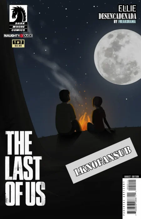 Pareja sentada frente a una fogata bajo la luna llena en portada de cómic erótico de Ellie Desencadenada.