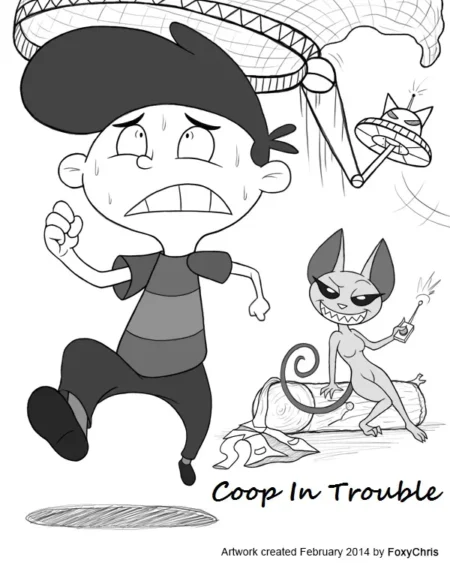 Dibujo erótico de Coop huyendo asustado mientras una gata antropomorfa con colmillos lo acecha con un mando a distancia.