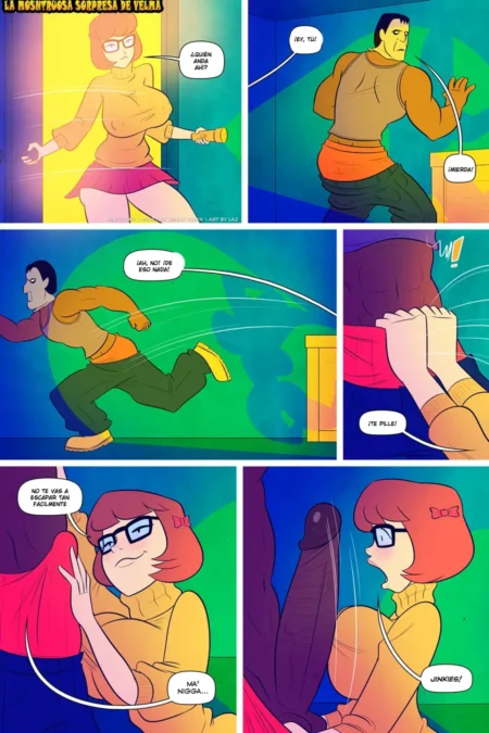 Velma atrapa a un hombre musculoso y descubre su enorme pene erecto que atraviesa sus pantalones.