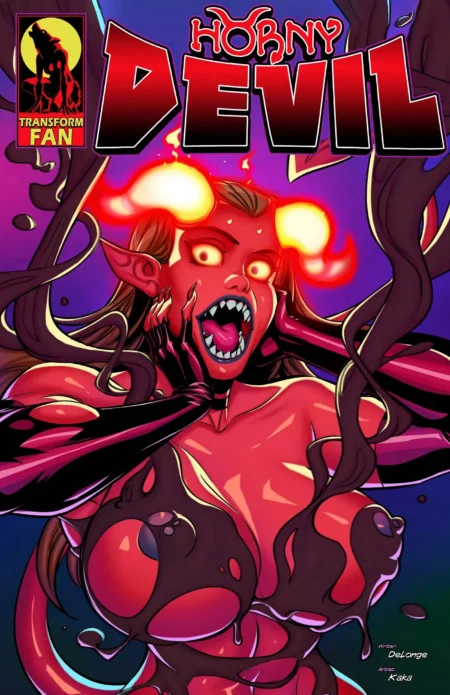 Mujer demonio erótica de piel roja, pechos grandes y ojos brillantes con llamas, garras negras y expresión excitada.