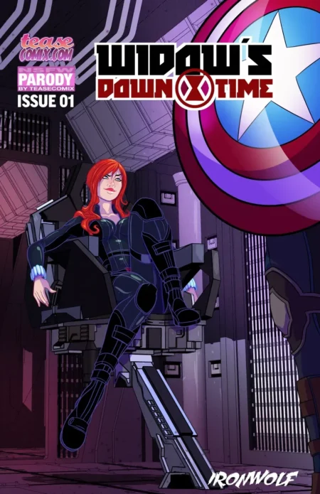 Black Widow sentada en un sillón con traje negro ajustado y actitud provocativa en portada de cómic erótico de Ironwolf.