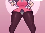 Tron Bonne con busto grande y leggings ajustados que marcan su vulva, desafiante y excitada en pose erótica.