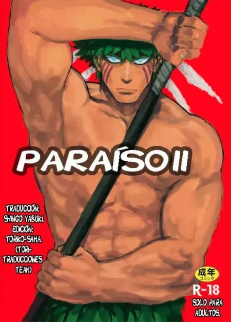 Hombre musculoso y semidesnudo de Paraíso II con lanza y mirada sensual sobre fondo rojo, contenido erótico para adultos.