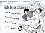 Bison abraza y presiona sexualmente a Kotetsu contra el suelo en un manga yaoi erótico de Gai Mizuki.