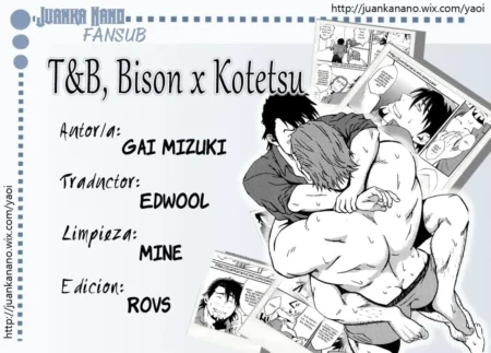 Bison abraza y presiona sexualmente a Kotetsu contra el suelo en un manga yaoi erótico de Gai Mizuki.