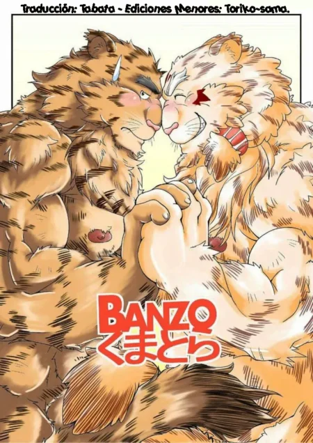 Dos hombres tigre antropomorfos musculosos Banzo Kumatora se toman de las manos rozando sus narices con deseo sexual.