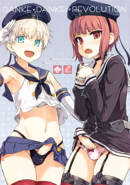 Dos chicas anime con uniformes marineros, una rubia y otra pelirroja, exhibiendo sus bragas y muslos con medias negras.