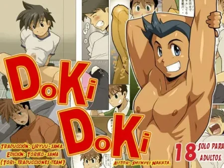 Panel de manga BL con hombres musculosos y semidesnudos en escenas eróticas de Doki Doki de Shunpei Nakata.