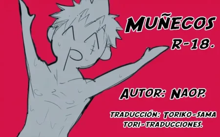 Dibujo erótico yaoi de Naop con un hombre desnudo y excitado sobre fondo rojo con texto de muñecos hentai R-18.