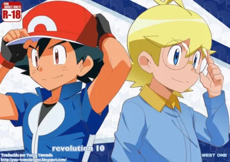 Ash Ketchum y Paul de Pokémon en portada de doujinshi erótico Revolution 10 para contenido sexual explícito entre hombres.