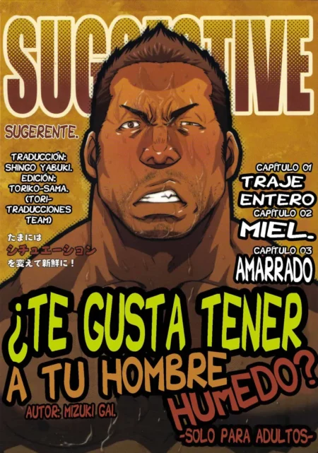 Portada de manga Yaoi Sugerente de Mizuki Gai con hombre musculoso, piel canela y expresión excitada.