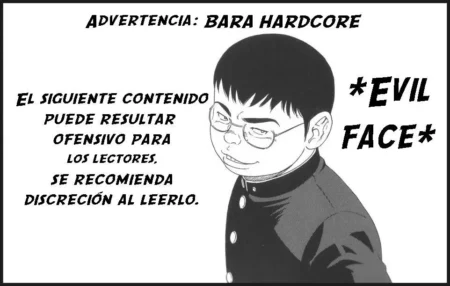 Ilustración manga de personaje con gafas y expresión maliciosa con advertencia de contenido hardcore y ofensivo.