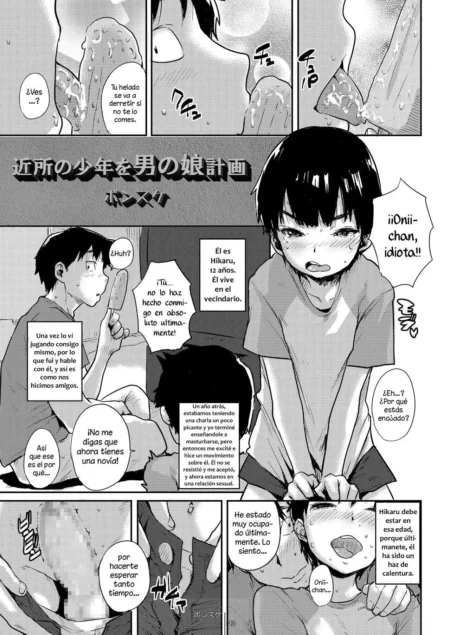 Páginas de manga con un joven femboy rubio excitado, con el rostro sonrojado y el pene erecto bajo su ropa blanca.