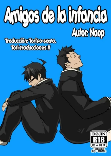 Dos hombres adultos con trajes negros sentados espalda contra espalda en portada de doujinshi gay explícito R18 de Naop.