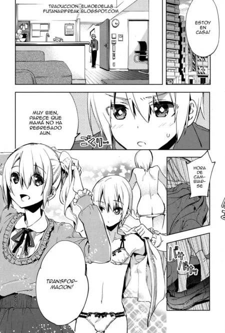 Manga Magical Insence Vol.03: joven rubia desnudándose y mostrando sus bragas blancas antes de su transformación.