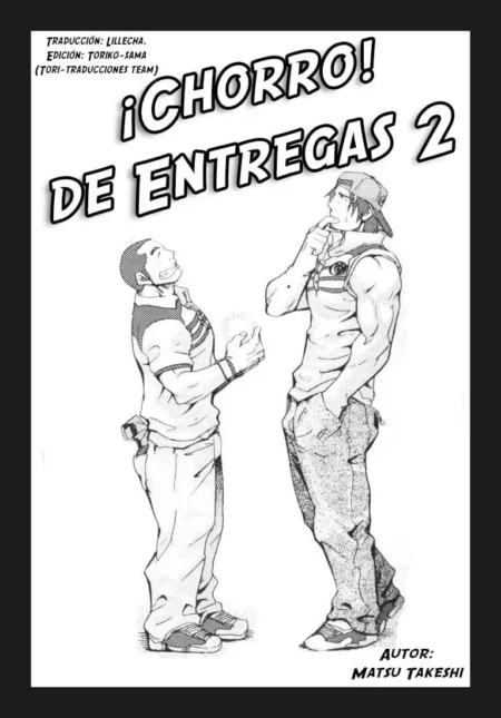 Portada de manga yaoi Chorro de Entregas 2 de Matsu Takeshi con dos hombres jóvenes musculosos frente a frente.