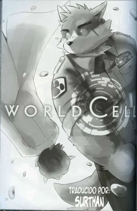 Lobo antropomórfico Jiroh de World Cell con uniforme militar y pene erecto asomando entre sus muslos peludos.
