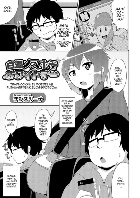 Página de manga Hakudaku Mesuhomo White Day con diálogos en español entre un joven con gafas y una chica anime.