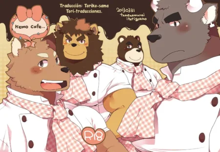 Tres antropomorfos musculosos con uniformes de café y pañuelos rosas lucen expresiones lujuriosas y eróticas.