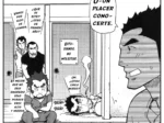 Joven musculoso frente a un estudiante agotado en el suelo de una residencia universitaria en manga erótico.