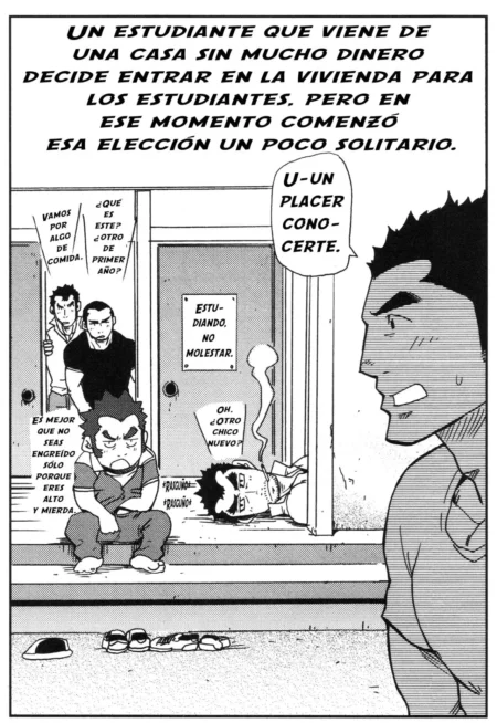 Joven musculoso frente a un estudiante agotado en el suelo de una residencia universitaria en manga erótico.