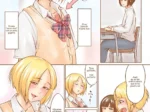 Estudiante rubia con falda y camisa muestra un bulto gigante en su entrepierna mientras coquetea con una compañera.