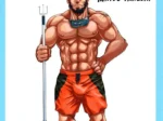 Hombre musculoso y dotado con shorts naranjas, pecho ancho y tridente en Memoria de la Bestia Marina de Matsu Takeshi.