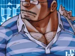 Hombre musculoso con gafas y polo azul ajustado que resalta sus pechos masculinos y torso ancho, arte de Noda Gaku.