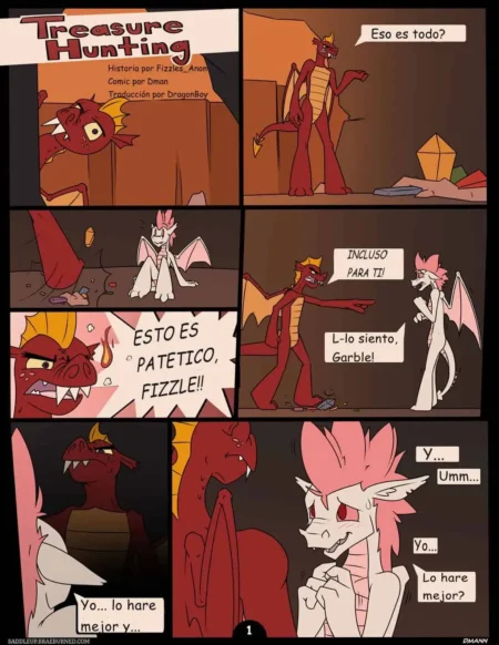 Cómic de dragones donde Garble humilla a Fizzle por su escaso tesoro antes de pasar a un encuentro sexual explícito.