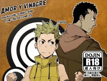 Ilustración erótica de Strav y Naop con etiqueta R18 para adultos en un estilo de manga dojinshi.