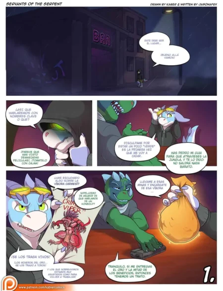 Cómic furry yaoi de Kabier donde un reptil y un canino pactan una misión mercenaria con oro en un bar oscuro.