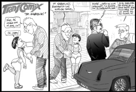 Cómic de Sr. Nabosuki con una trans feminizada en lencería ajustada y medias resaltando sus curvas y genitales expuestos.