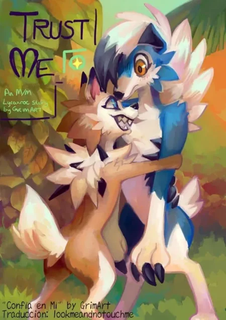 Dos Lycanroc machos abrazados íntimamente, uno midnoon y otro dusk, preparándose para el sexo en un bosque.