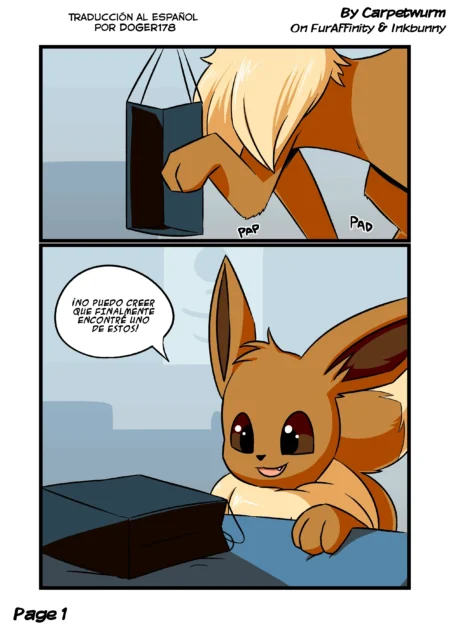 Eevee abre emocionada una caja negra que contiene un tentáculo sexual para su placer erótico.