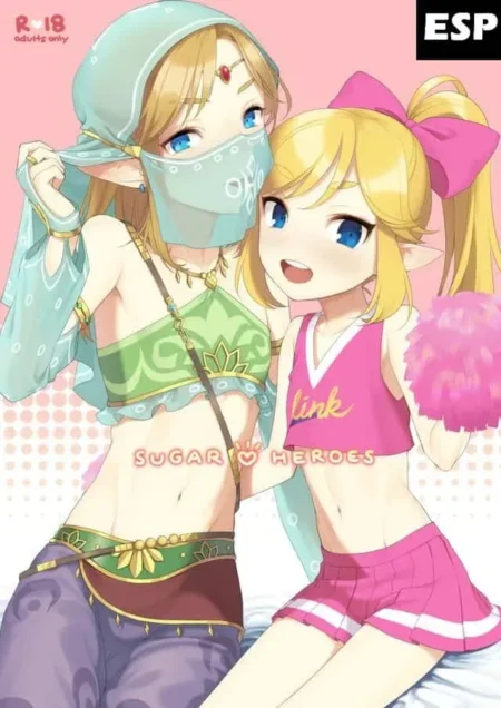 Dos elfas de Sugar Heroes, una con velo turquesa y otra con pompones rosas, posando sexys con ropa corta y reveladora.