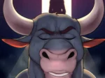 Toro antropomórfico musculoso con cuernos frente a la silueta de un hombre en una puerta, portada de Shower Thoughts Zourik.